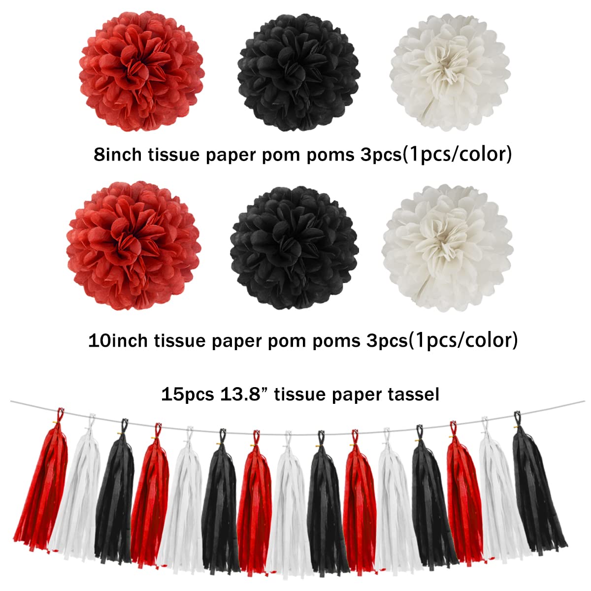 White Red Black Party Decorations - 23pcs Tissue Paper Flowers Pom Poms Tassel Garland Pennant Banner Flags Streamers Birthday Wedding Graduation Bachelorette Classroom Office Hanging Decor