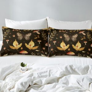 Castle Fairy Fall Theme Duvet Cover Queen Size Mushroom Butterfly Maple Leaves Bedding Comforter Cover 3 Pieces with 2 Pillowcases Botanical Garden Plants Herbs Bedding Set for Men Women Room,Black