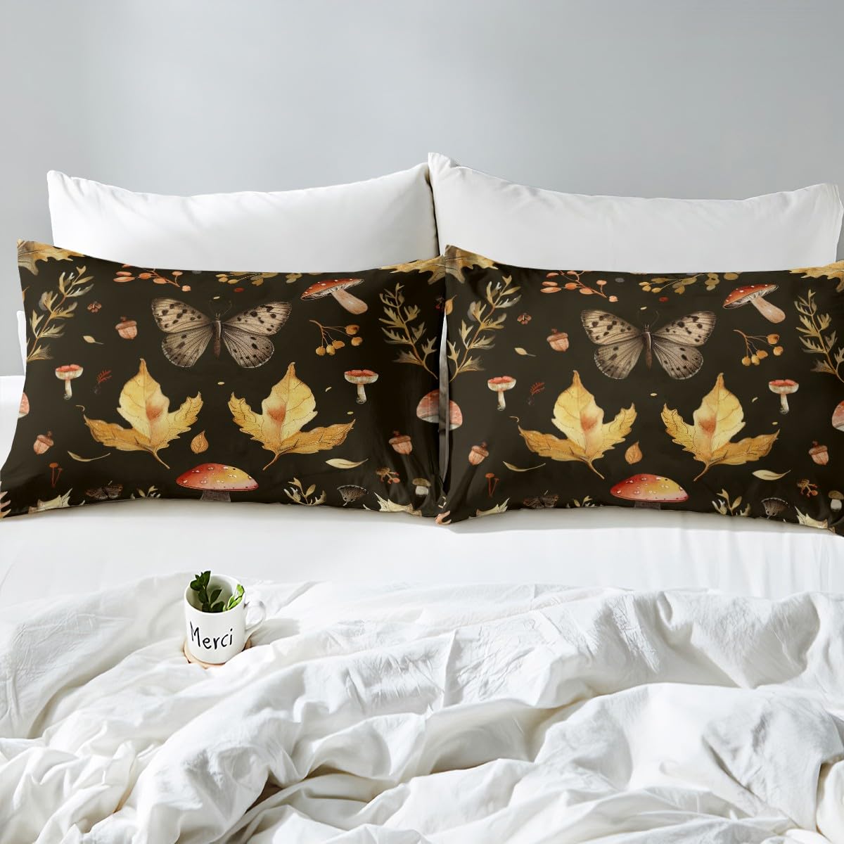 Castle Fairy Fall Theme Duvet Cover Queen Size Mushroom Butterfly Maple Leaves Bedding Comforter Cover 3 Pieces with 2 Pillowcases Botanical Garden Plants Herbs Bedding Set for Men Women Room,Black