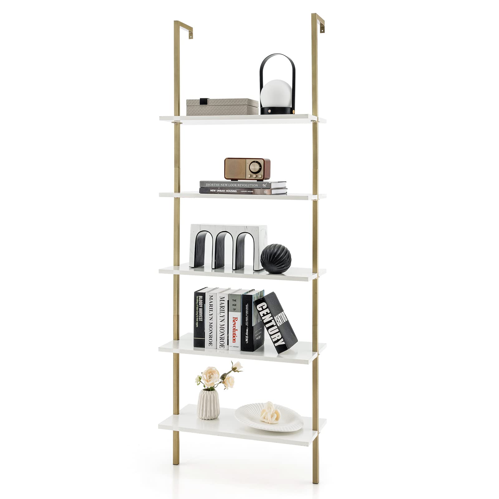 Giantex 5 Tier Modern Wall Mounted Bookshelf, 71'' White and Gold Wood Bookcase with Steel Frame, Stand Display Storage Rack Organizer Ladder Shelf for Living Room, Kitchen