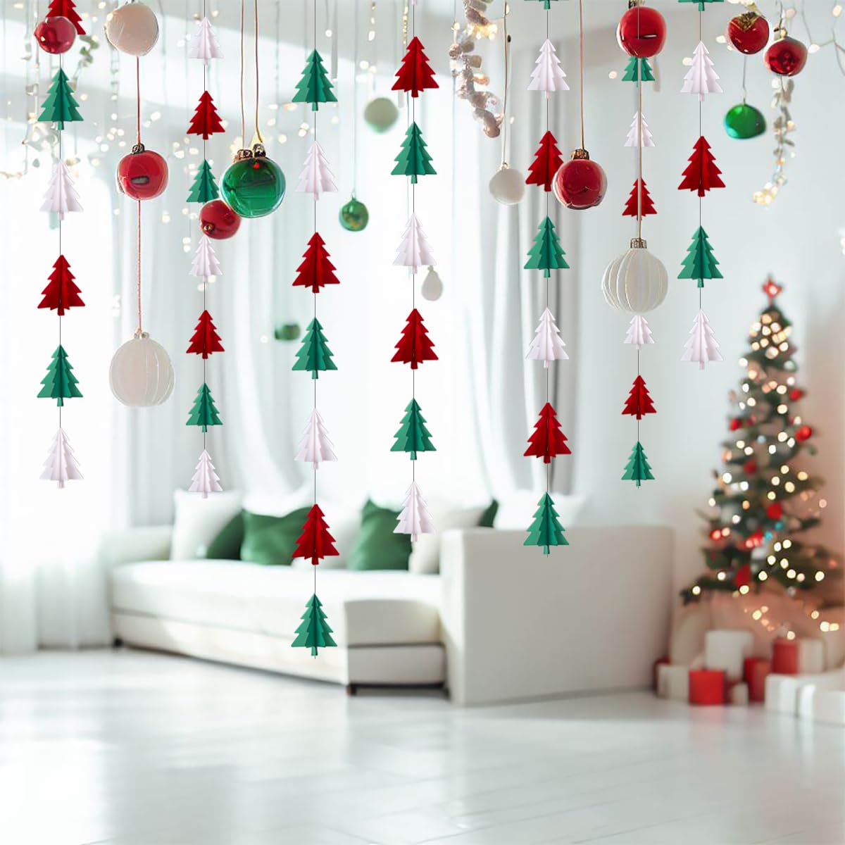 Red White Green Christmas Decorations - 2Pcs 3D Christmas Tree Paper Streamers Party Banner Garland Christmas Party Decorations Hanging Decor