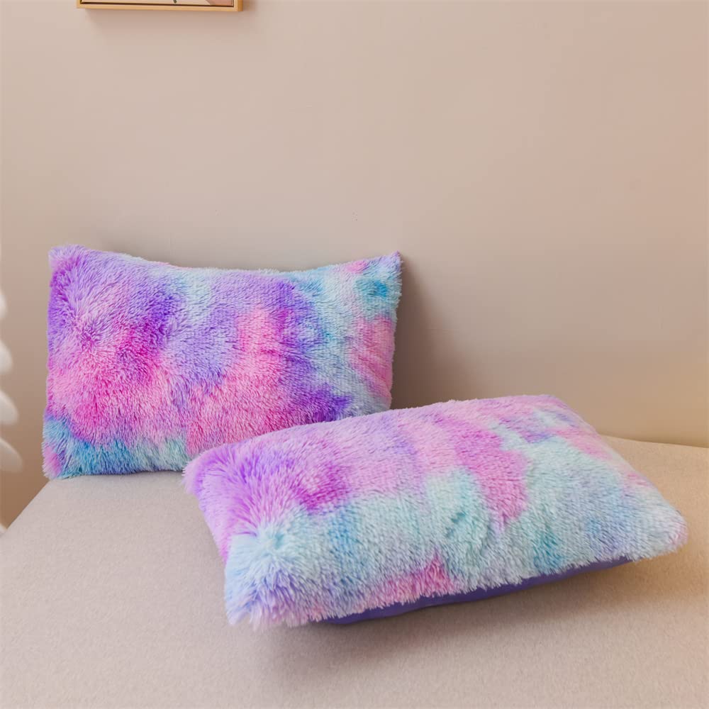 Holawakaka Aqua Teal Purple Tie Dye Shaggy Fuzzy Duvet Cover Set Queen Size Faux Fur Bedding Sets Furry Plush Comforter Cover (Teal Lavender)