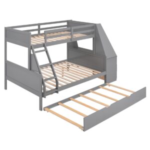 Twin Over Full Bunk Beds with Trundle and Desk Wood Bunk Bed Frame with Three Storage Drawers and One Shelf for Kids Boys Girls Teens, Gray