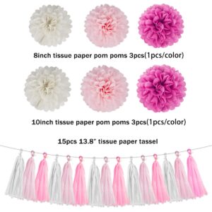 Hot Pink White Party Decorations - 23pcs Tissue Paper Flower Pom Poms Tassel Garland Pennant Banner Flags Streamers Women Girl Birthday Baby Bridal Shower Engagement Bachelorette Wedding Hanging Decor