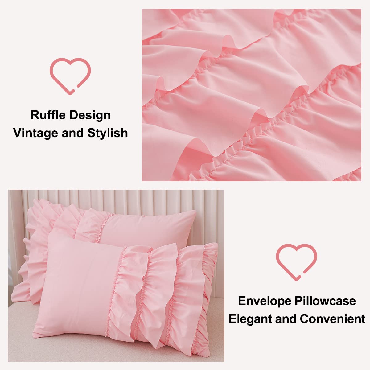 Holawakaka Pink Waterfall Ruffle Comforter Set Twin Size Multi-Layers Ruffled Shabby Chic 3PCS Bedding Set for Girls Women