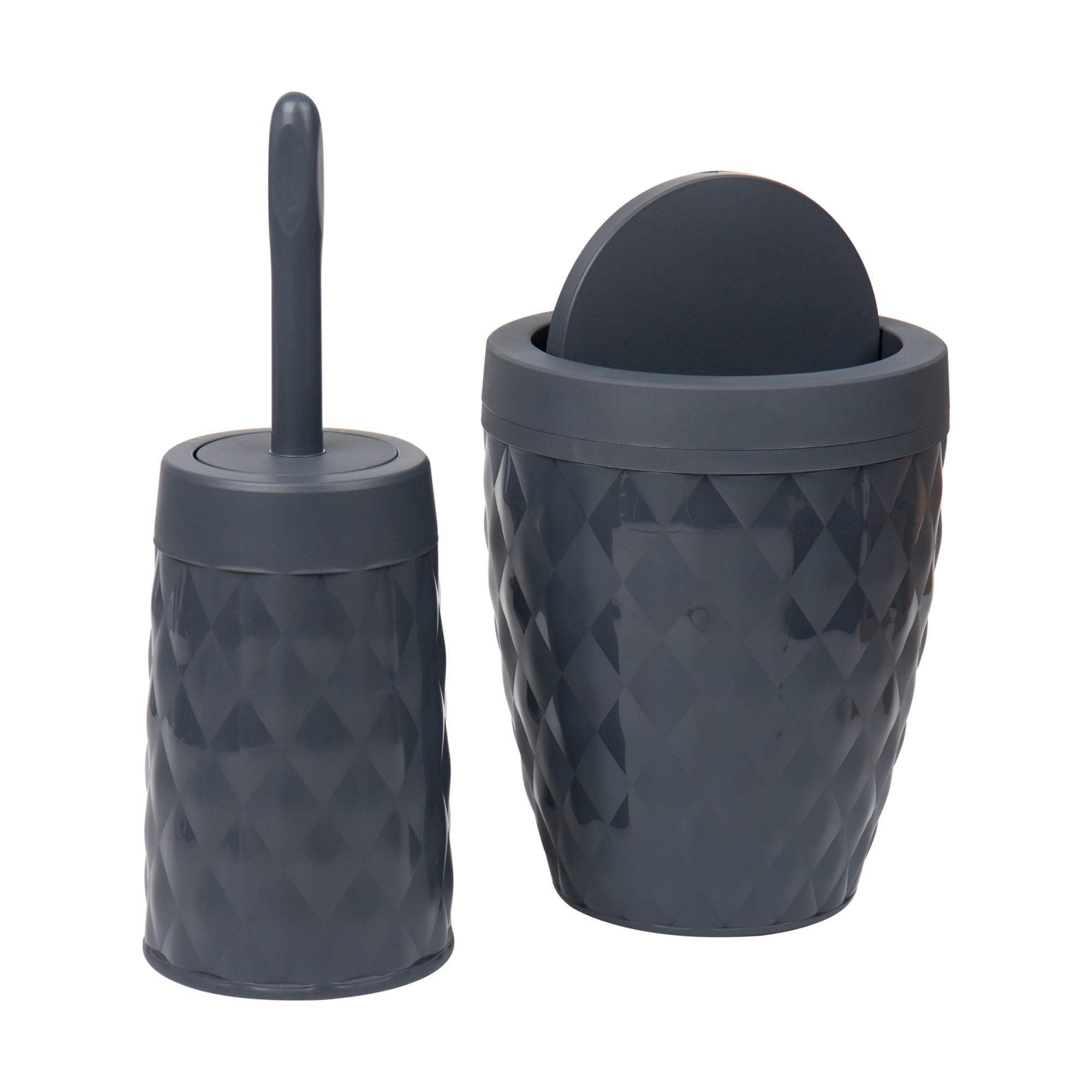 Mind Reader Trash Can and Toilet Brush Set, Bathroom Decor, Swivel Lid, Accessories, 8.75" W x 11.25" H, 2 Piece Set, Gray