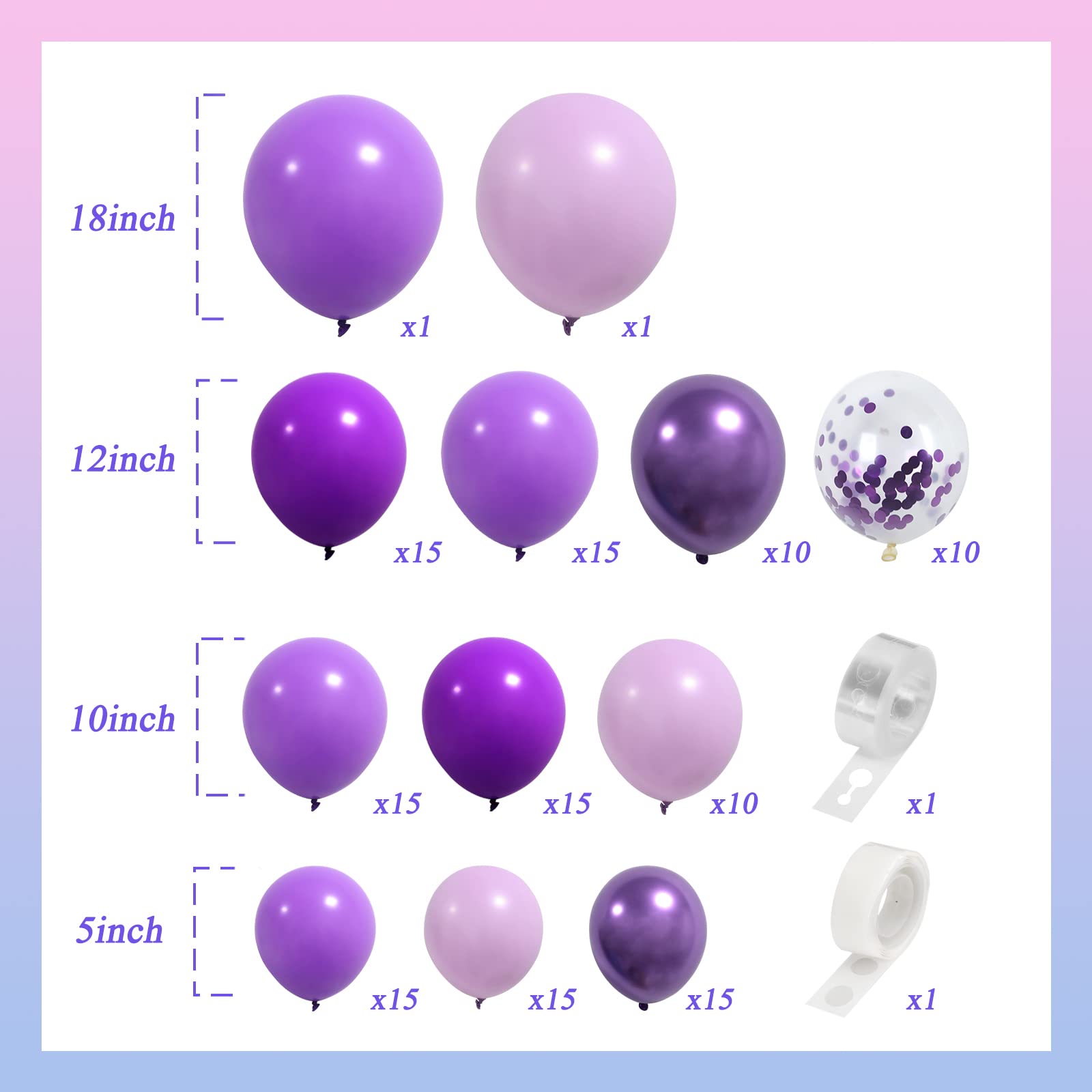 RUBFAC Purple Shades Balloons Garland Arch Kit Assorted Dark Pastel Light Metallic Confetti Purple Balloons Set for Purple Wedding Birthday Graduation Party Decorations