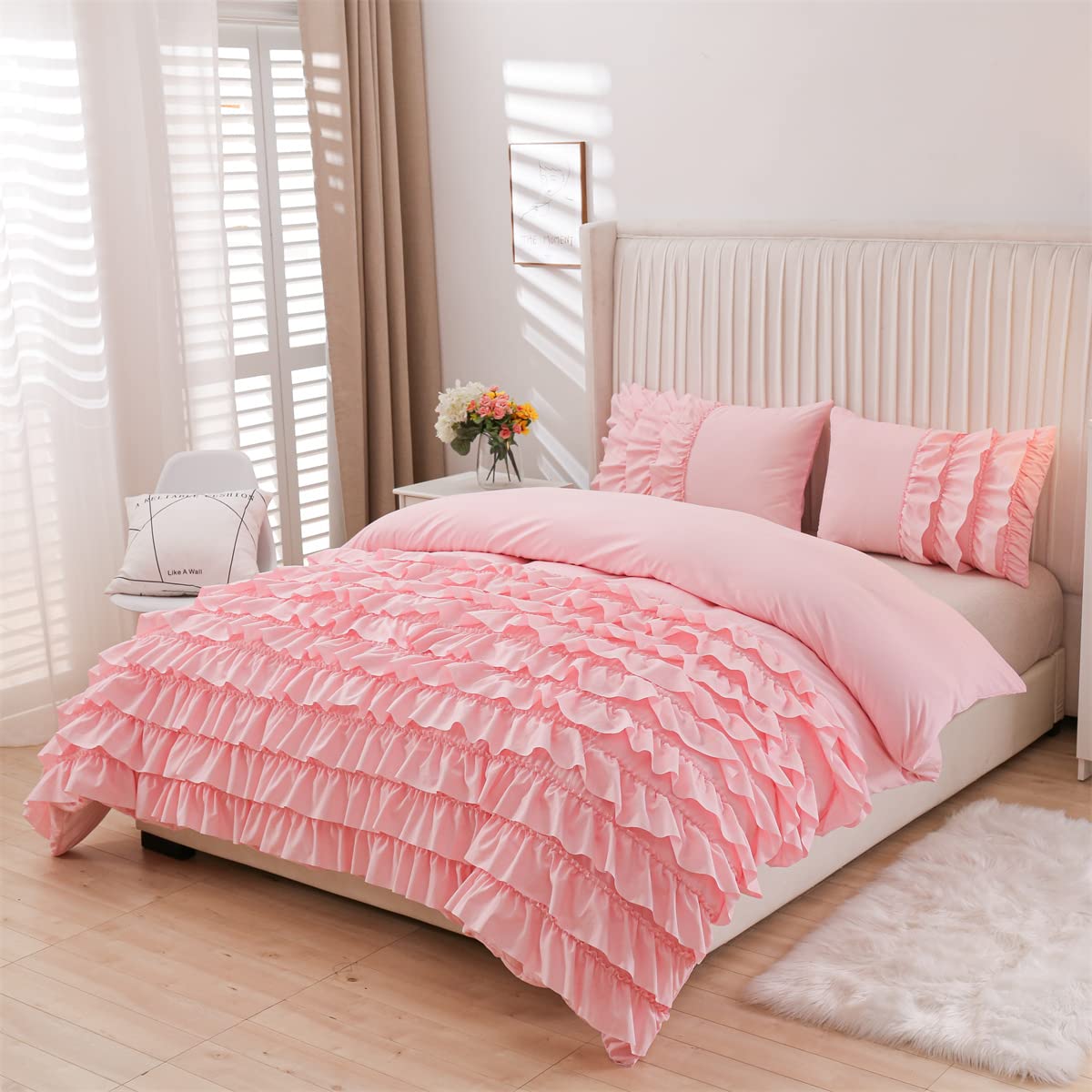 Holawakaka Pink Waterfall Ruffle Comforter Set Twin Size Multi-Layers Ruffled Shabby Chic 3PCS Bedding Set for Girls Women