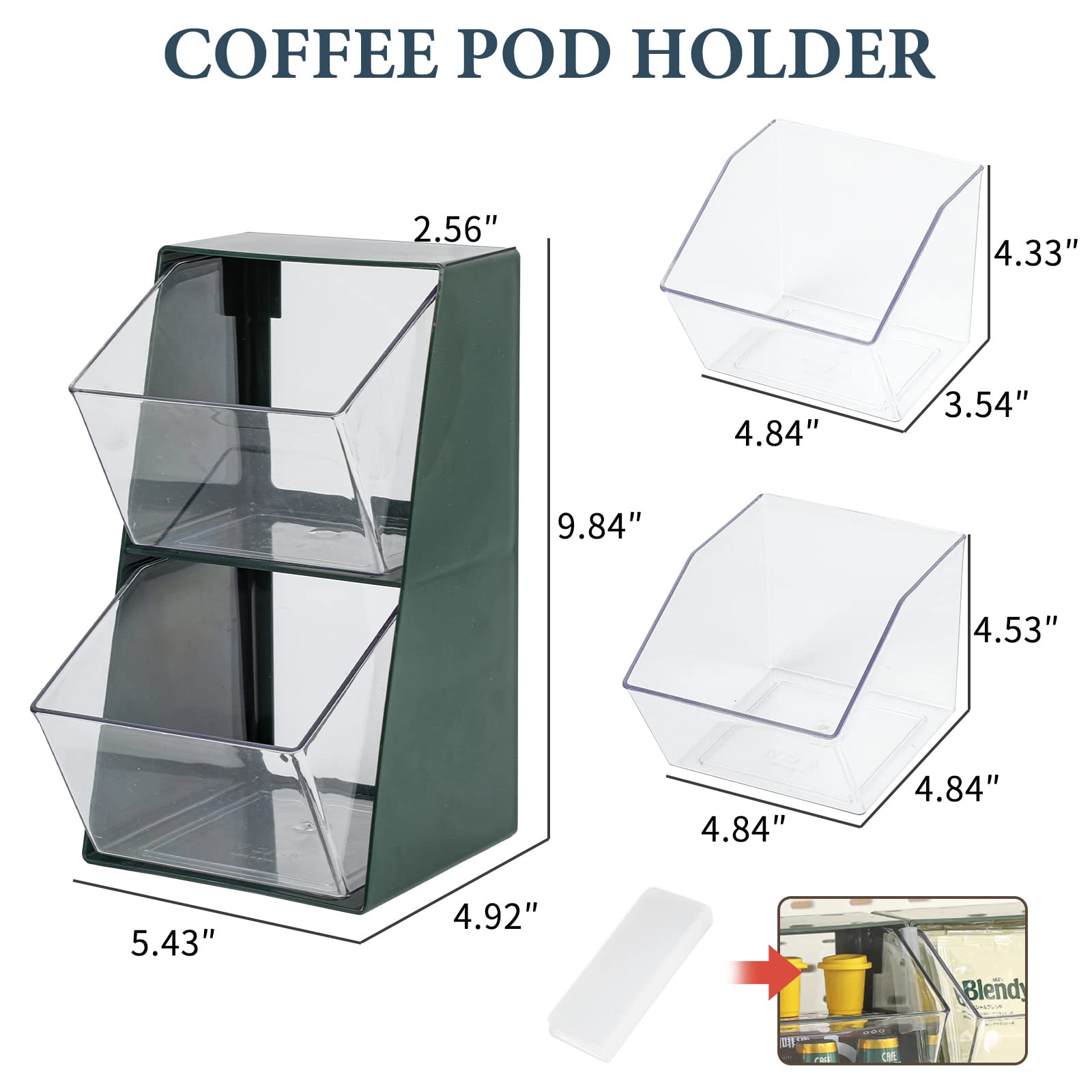 Tahaje Coffee Pod Holder, Plastic Coffee Bar Accessories and Organizer for K Cups, Tea Bags, Creamer, Sugar Bags, Capsule, Clear Coffee Station Storage for Home Office Counter (Green / 2 Pack)