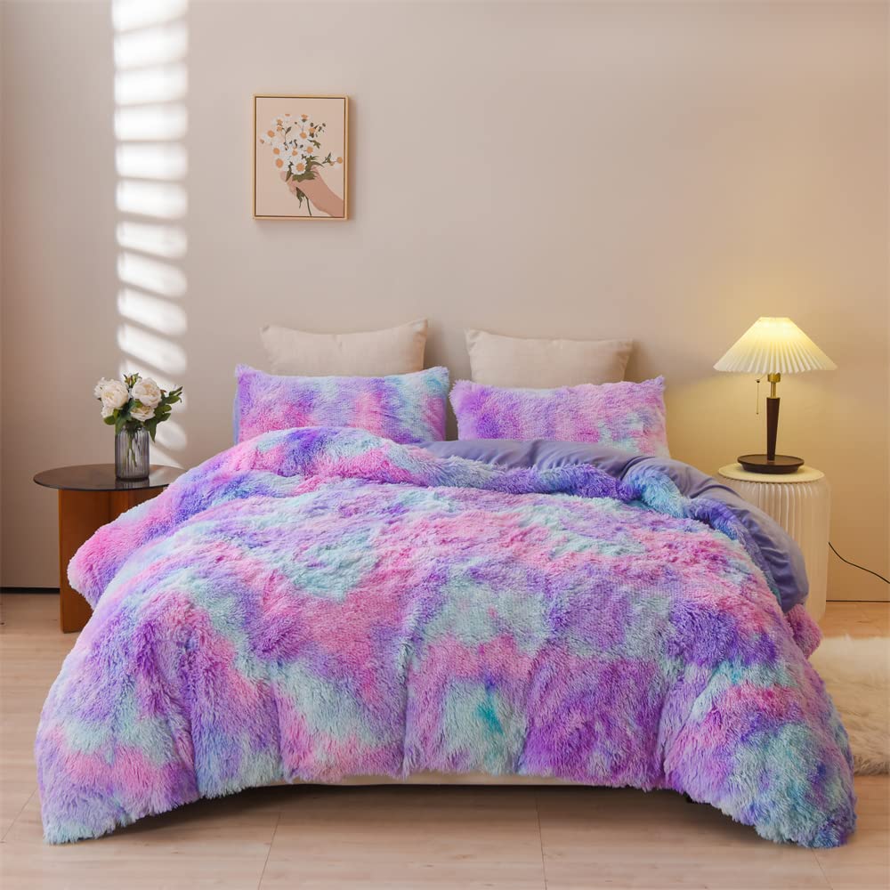 Holawakaka Aqua Teal Purple Tie Dye Shaggy Fuzzy Duvet Cover Set Queen Size Faux Fur Bedding Sets Furry Plush Comforter Cover (Teal Lavender)