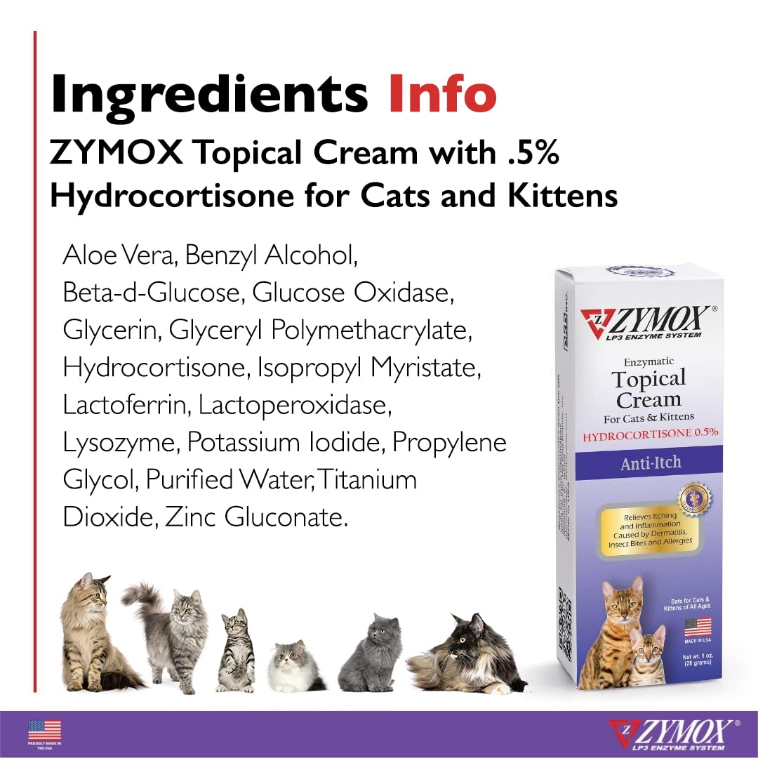 Zymox Enzymatic Anti-Itch Topical Cream with 0.5% Hydrocortisone for Cats & Kittens, 1 oz. – Multi-Purpose Cream for Hot Spots, Itchiness, Rashes, Skin Irritation, Allergies & Insect Bites