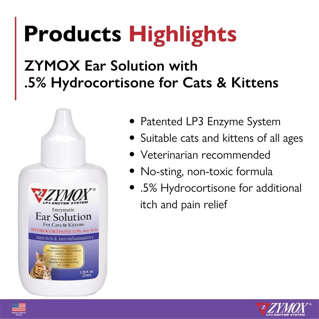 Zymox Enzymatic Ear Solution with 0.5% Hydrocortisone for Cats & Kittens, 1.25 oz. – Cleans & Refreshes Ear Canal for Relief from Ear Wax, Dirt Buildup, Itchiness, Irritation, Inflammation & Redness