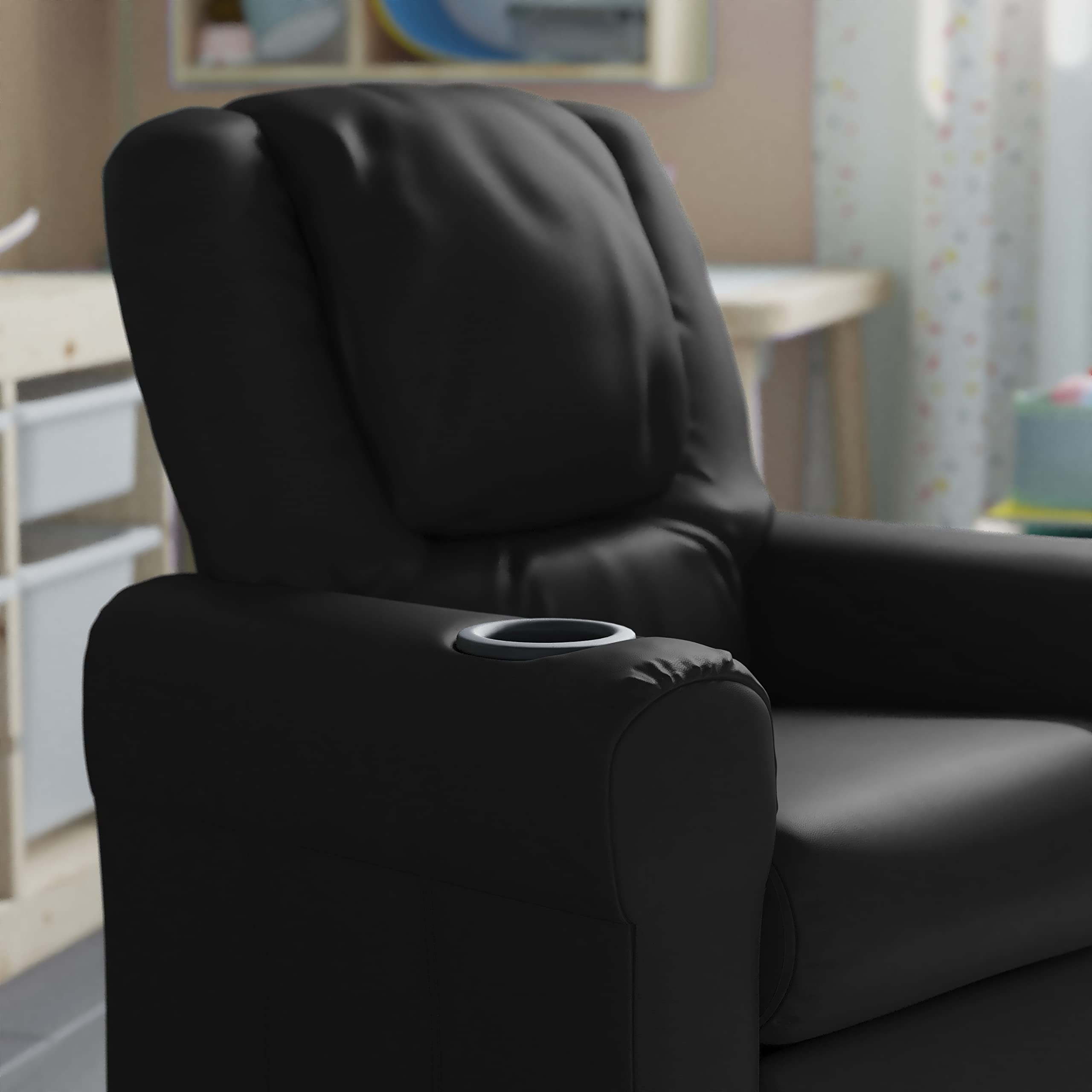 HBCY Creations Kid's Recliner - Black Faux Leather Upholstery - Integrated Cupholder - Padded Headrest - Safety Recline Feature