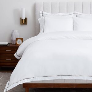 BOLL & BRANCH Signature Embroidered Duvet Set - King/Cal King, White/Stone - Luxury 100% Organic Cotton - 1 Duvet Cover, 2 Shams - Hidden Closures