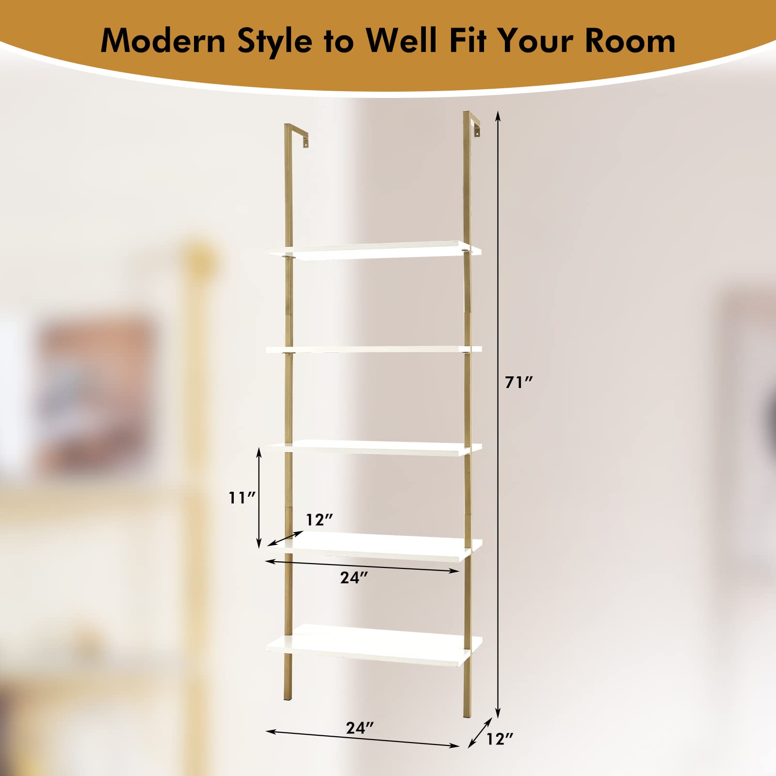 Giantex 5 Tier Modern Wall Mounted Bookshelf, 71'' White and Gold Wood Bookcase with Steel Frame, Stand Display Storage Rack Organizer Ladder Shelf for Living Room, Kitchen