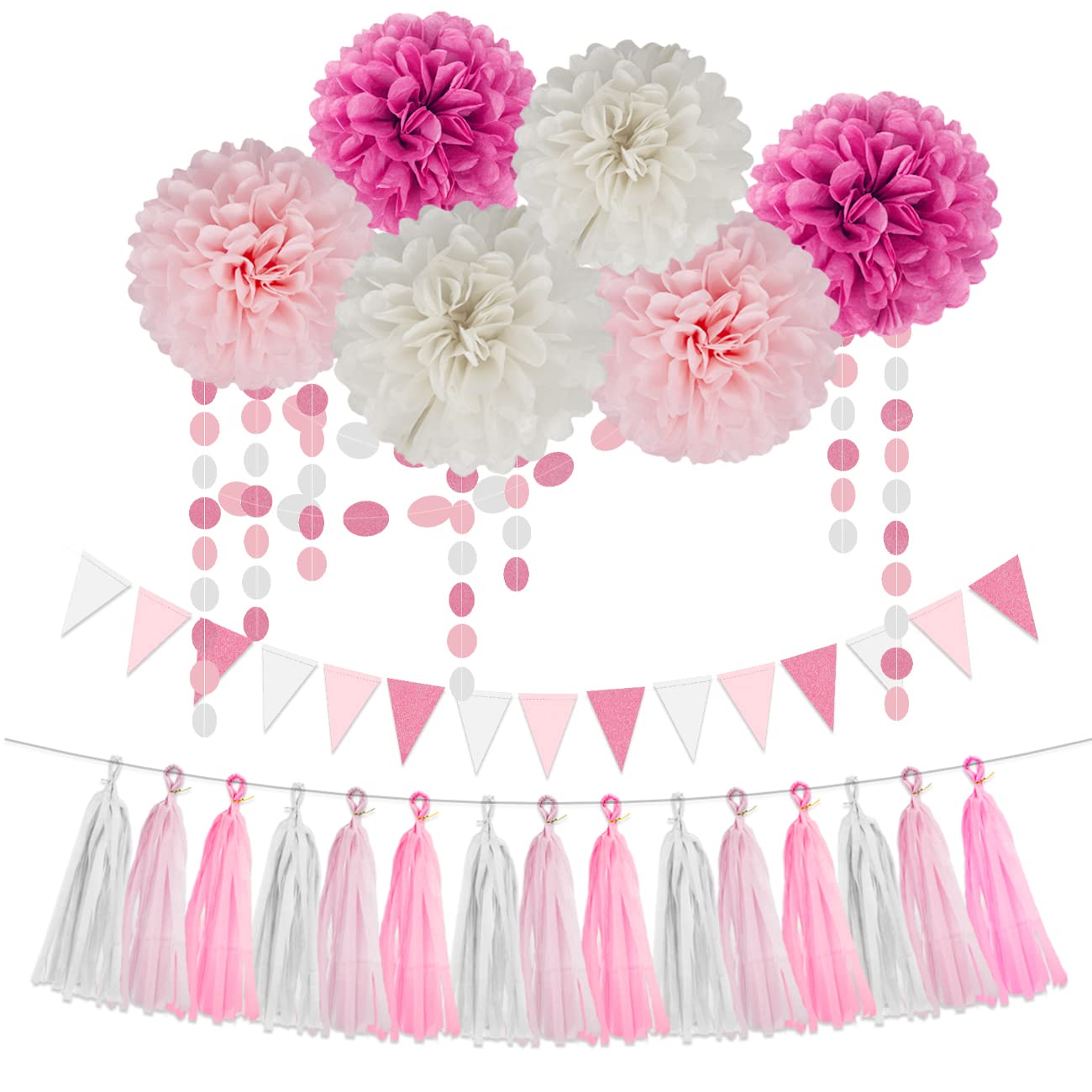 Hot Pink White Party Decorations - 23pcs Tissue Paper Flower Pom Poms Tassel Garland Pennant Banner Flags Streamers Women Girl Birthday Baby Bridal Shower Engagement Bachelorette Wedding Hanging Decor