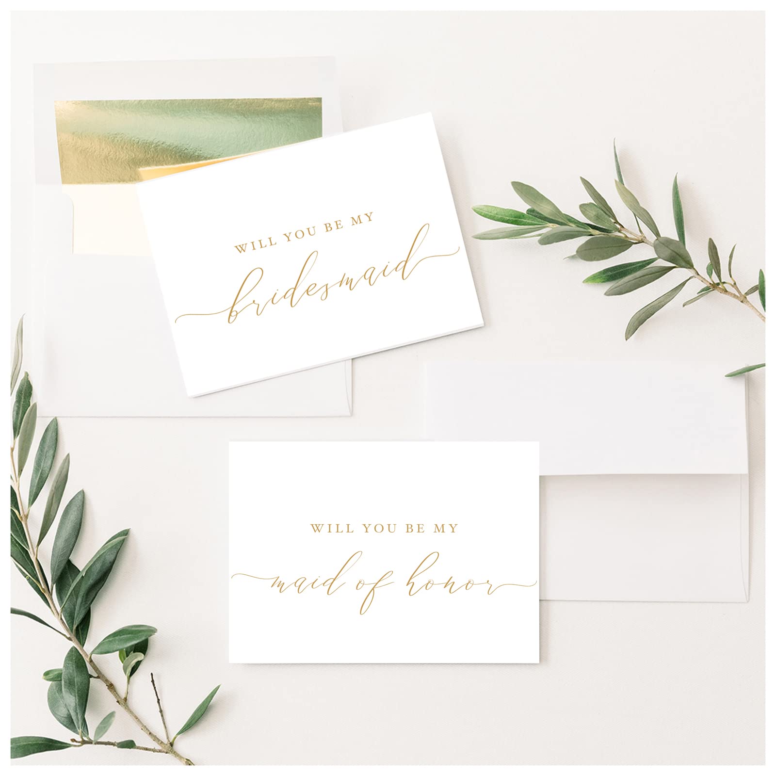 Will You Be My Bridesmaid Cards 4x5.5 Folded White Proposal Card with Gold Caligraphy with Gold Foil Lined Envelopes 6 Bridesmaid Cards 1 Maid of Honor Card and 1 Matron of Honor Card Set Elegant