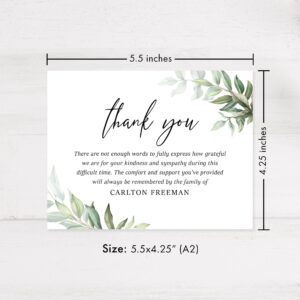 Hello Love Goods Personalized Greenery Funeral Thank You Cards with Envelopes, 5.5x4.25 Flat Sympathy Memorial Cards