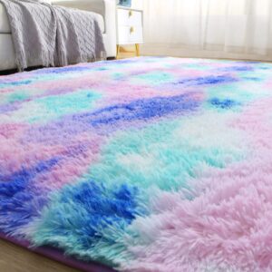 fgcogod ultra soft shaggy rug for bedroom, 4 x 6 feet modern tie dye area rug, purple blue fluffy carpet for living room, kids girls room, bedside, home office, nursery indoor decor