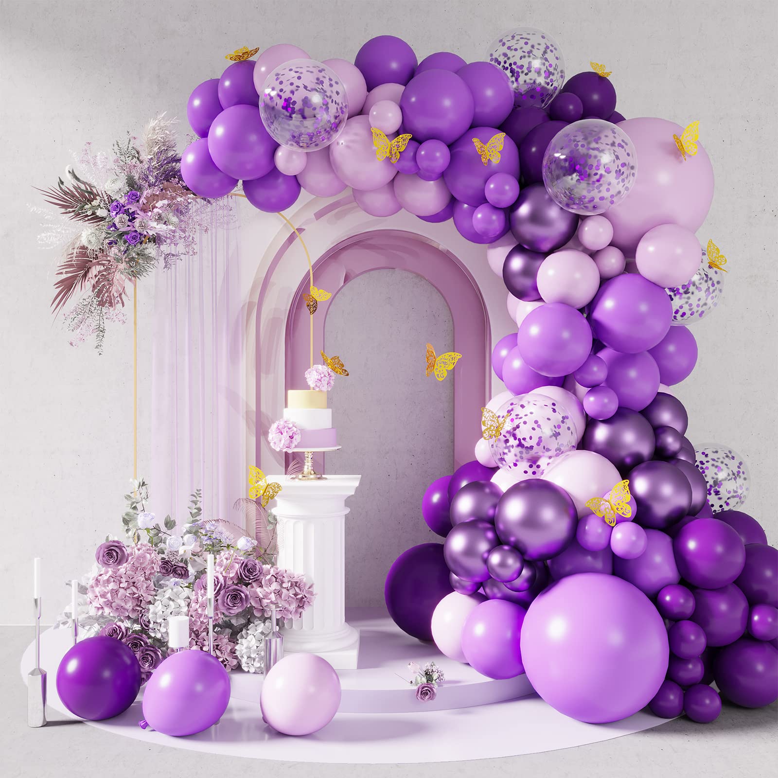 RUBFAC Purple Shades Balloons Garland Arch Kit Assorted Dark Pastel Light Metallic Confetti Purple Balloons Set for Purple Wedding Birthday Graduation Party Decorations