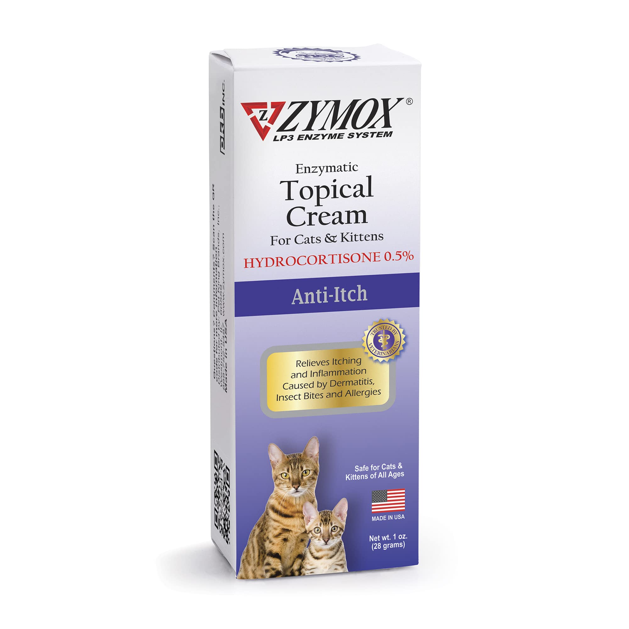 Zymox Enzymatic Anti-Itch Topical Cream with 0.5% Hydrocortisone for Cats & Kittens, 1 oz. – Multi-Purpose Cream for Hot Spots, Itchiness, Rashes, Skin Irritation, Allergies & Insect Bites