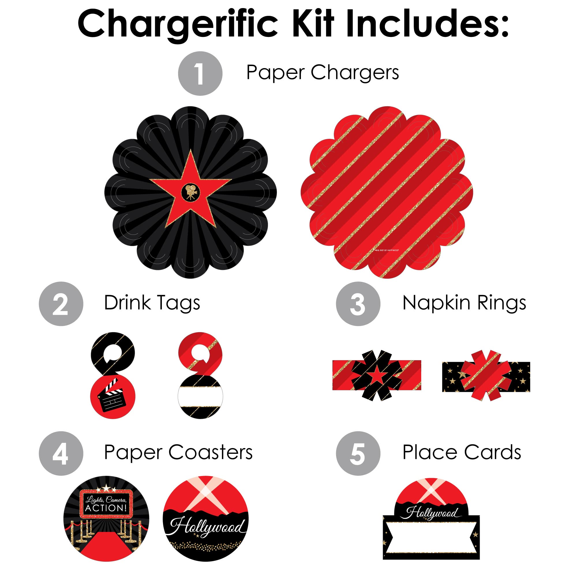 Big Dot of Happiness Red Carpet Hollywood - Movie Night Party Paper Charger and Table Decorations - Chargerific Kit - Place Setting for 8