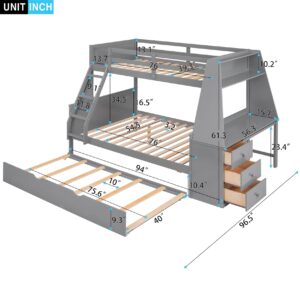 Twin Over Full Bunk Beds with Trundle and Desk Wood Bunk Bed Frame with Three Storage Drawers and One Shelf for Kids Boys Girls Teens, Gray