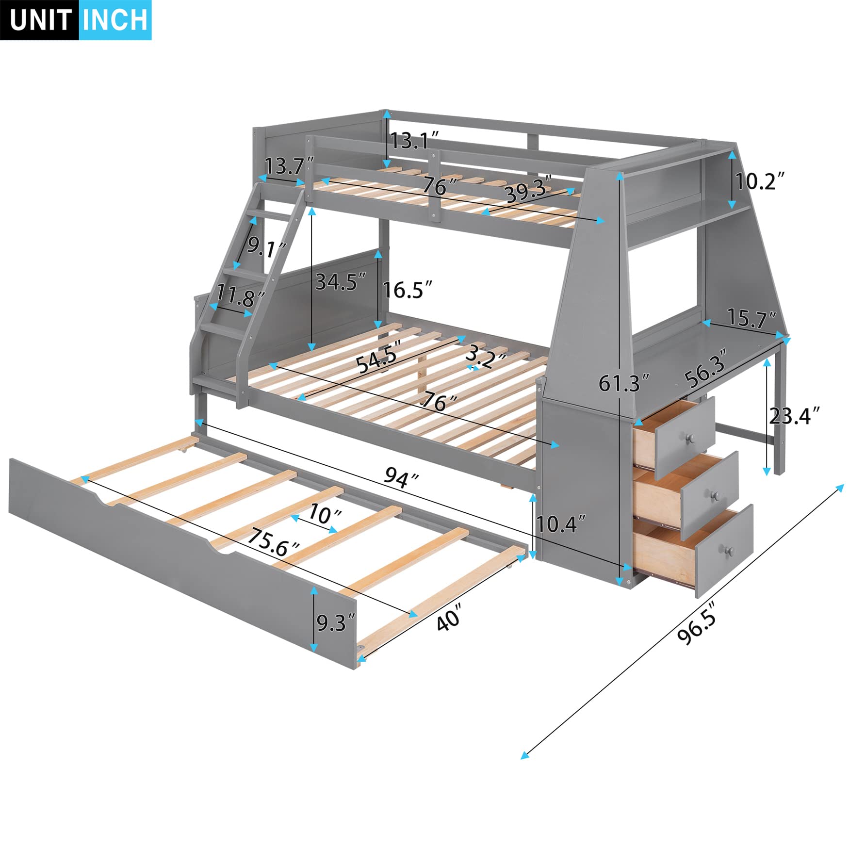 Twin Over Full Bunk Beds with Trundle and Desk Wood Bunk Bed Frame with Three Storage Drawers and One Shelf for Kids Boys Girls Teens, Gray