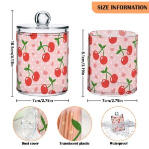 Vnurnrn Clear Plastic Jar Set for Cotton Ball, Cotton Swab, Cotton Round Pads, Floss, Cute Heart Fruit Cherry Pattern Bathroom Canisters Storage Organizer, Vanity Makeup Organizer,2Pack