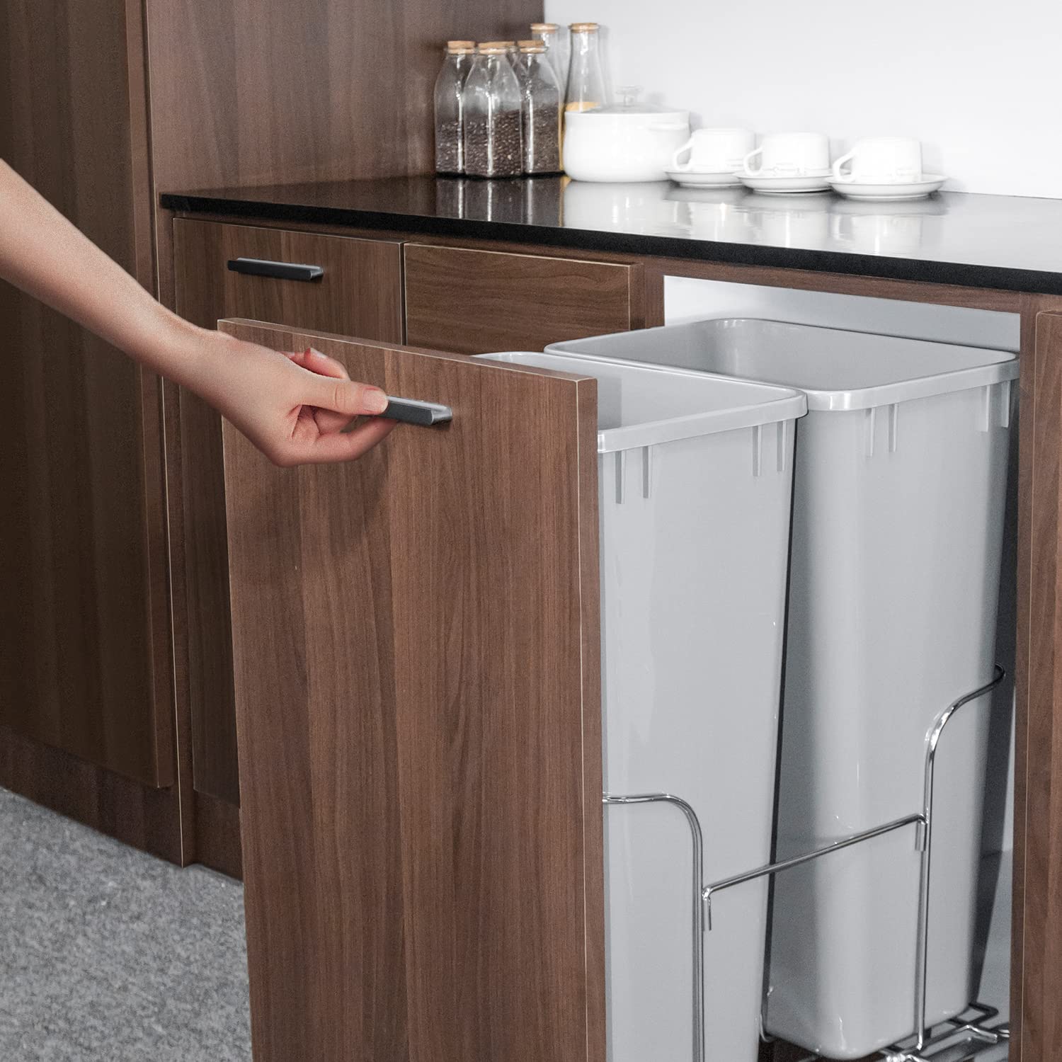 Duwee Under Counter Waste Bin Kicthen,Sliding Pull Out Waste Bin,Recycling Cupboard Cabinet Trash Can Dual Bin,Soft Close Waste Bins Kitchen Cabinet,35×2 Quart Total Capacity