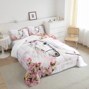 Erosebridal Girls Horse Comforter Set Twin Chic Cherry Blossom Bedding Set Boys Teens Galloping White Horse Duvet Insert 3D Wild Animal Horse Quilts Western Rustic Farmhouse Style Bedroom Decor 2 Pcs