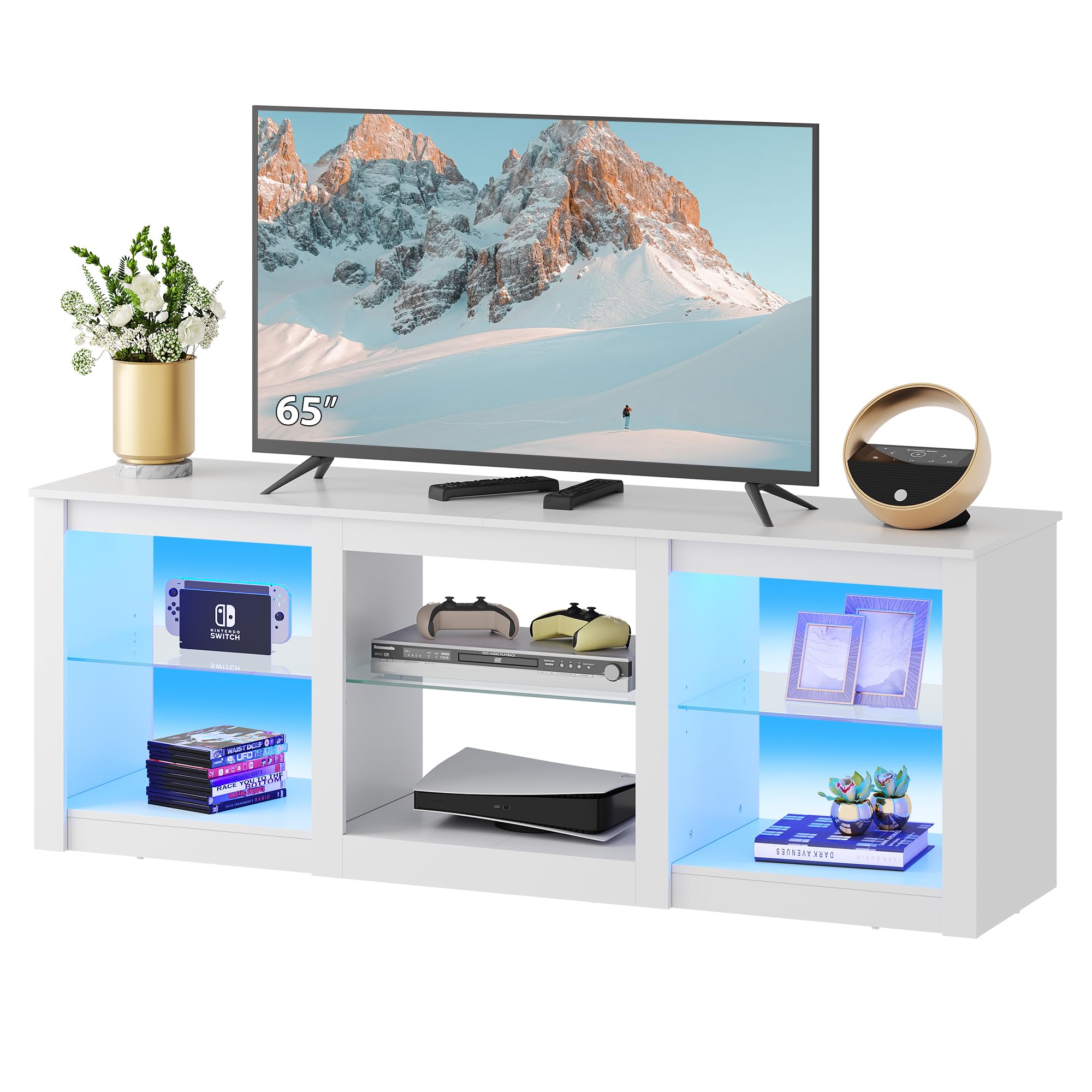 WLIVE LED TV Stand for 65-Inch TV, 58-Inch Entertainment Center with Adjustable Glass Shelves, Modern Media Console for Living Room & Bedroom, White