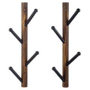 MyGift Rustic Wood and Black Metal Coat Rack, Vertical Wall Mounted Hat Hanging Coat Tree Hook Rack, Set of 2