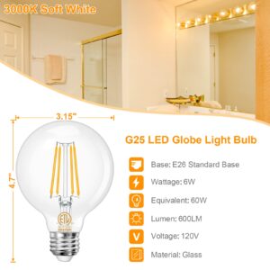 Dekang 8-Pack G25 LED Globe Light Bulbs 3000K Soft White, Vintage E26 Base Edison Light Bulbs 60W Equivalent, 6W Round Light Bulbs with Filament for Bathroom Vanity, Clear Glass, 600LM, Non-dimmable