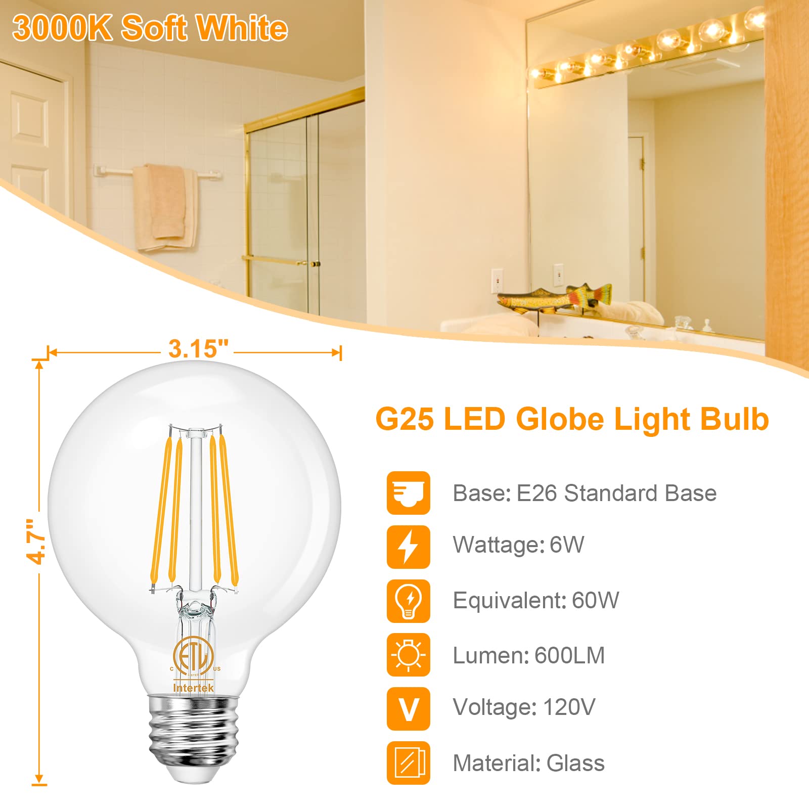 Dekang 8-Pack G25 LED Globe Light Bulbs 3000K Soft White, Vintage E26 Base Edison Light Bulbs 60W Equivalent, 6W Round Light Bulbs with Filament for Bathroom Vanity, Clear Glass, 600LM, Non-dimmable