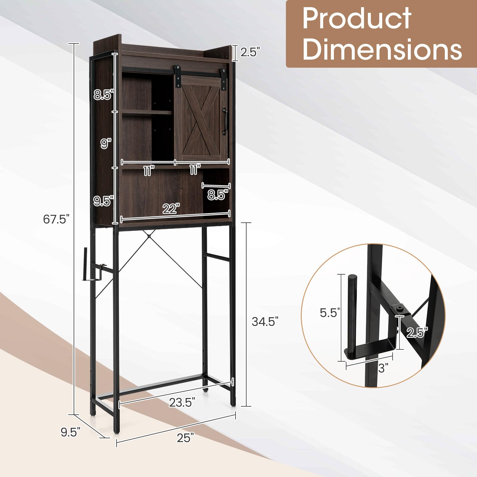 Tangkula Over-The-Toilet Storage Cabinet, Freestanding 4-Tier Bathroom Rack w/Adjustable Shelf & Sliding Barn Door, Multifunctional Bathroom Space Saver, 25 x 9.5 x 67.5 in (Espresso)