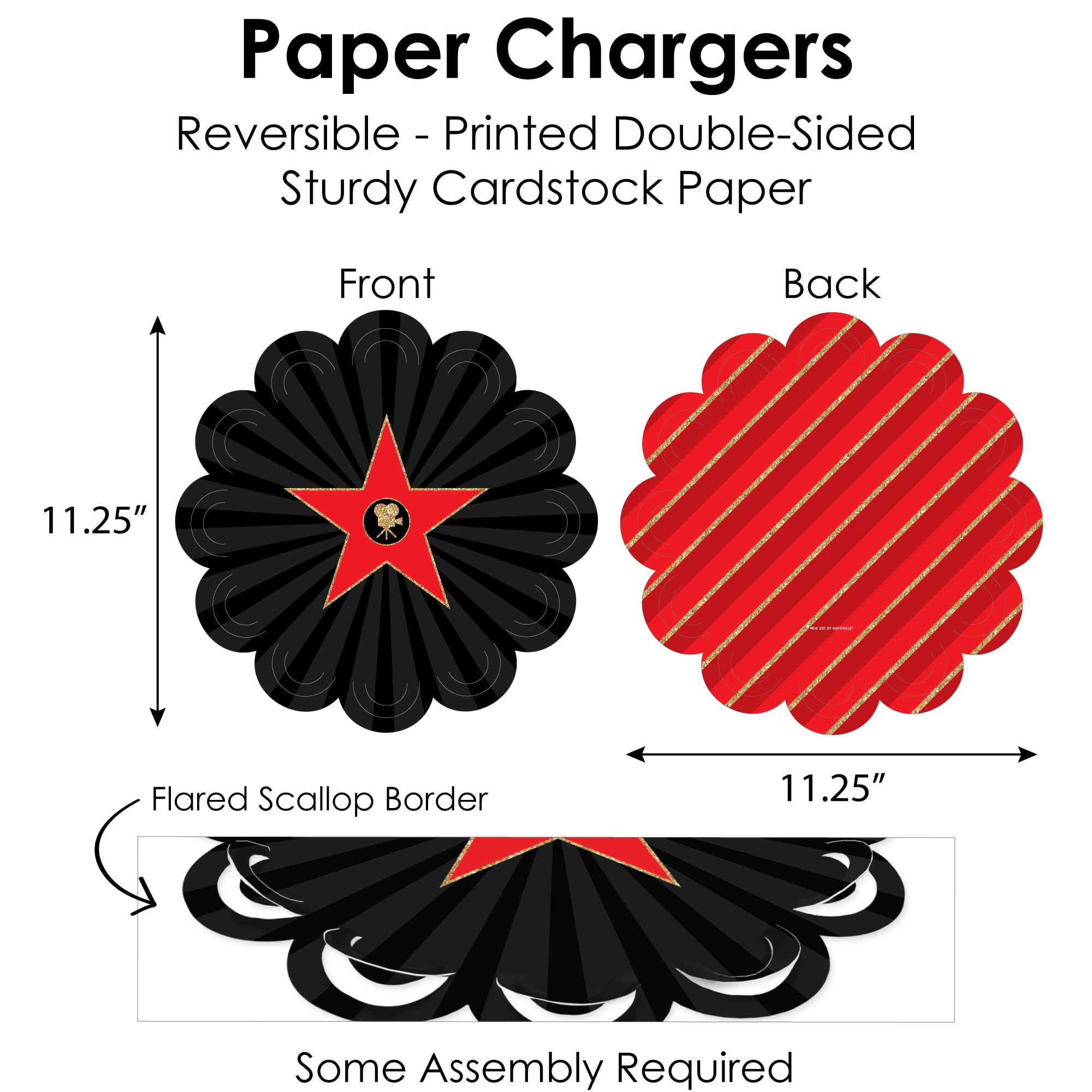 Big Dot of Happiness Red Carpet Hollywood - Movie Night Party Paper Charger and Table Decorations - Chargerific Kit - Place Setting for 8