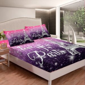 Paris Fitted Sheet Queen Size Kids Eiffel Tower Bed Sheet Sparkle Starry Sky Galaxy Sheet Sets For Boys Girls Teens Bedroom Decor, Romantic French Theme Flat Sheet 4Pcs With 2 Pillow Cases, Purple