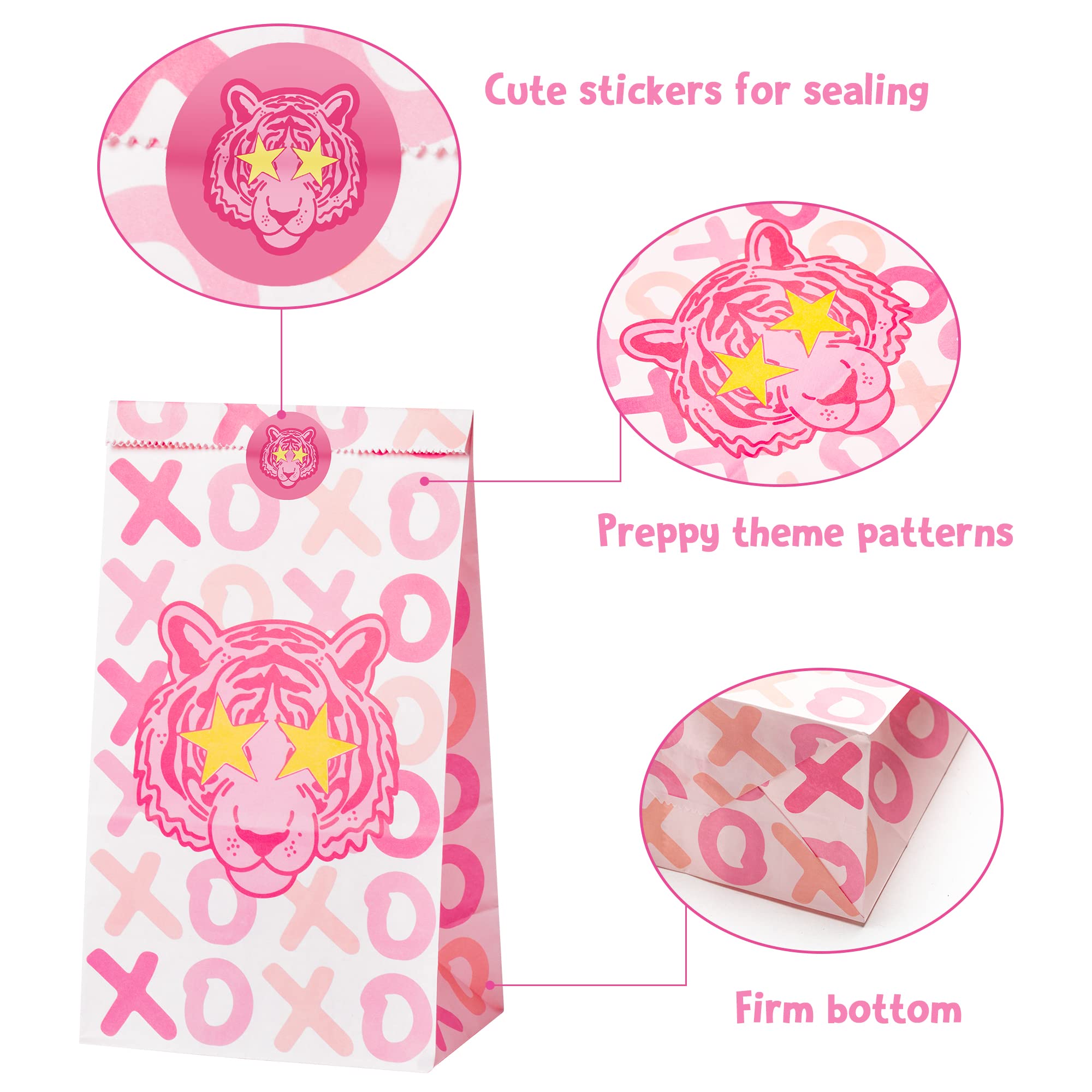 AellasNervalt 26Pcs Preppy Party Favor Bag with Stickers Y2k Hot Pink Smile Face Tiger Goodie Bags Paper Treat Bag Candy Gift Bags Supplies for Teen Girls Birthday Bachelorette Early 2000s Theme Party