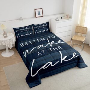 Lake Word Art Bedding Set Rustic Farmhouse Comforter Set for Kids Boys Girls Lake House Wooden Navy Blue Design Comforter Nautical Lake Quilt Room 3Pcs Full Size Boys