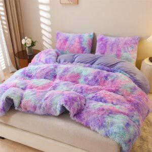 holawakaka aqua teal purple tie dye shaggy fuzzy duvet cover set queen size faux fur bedding sets furry plush comforter cover (teal lavender)