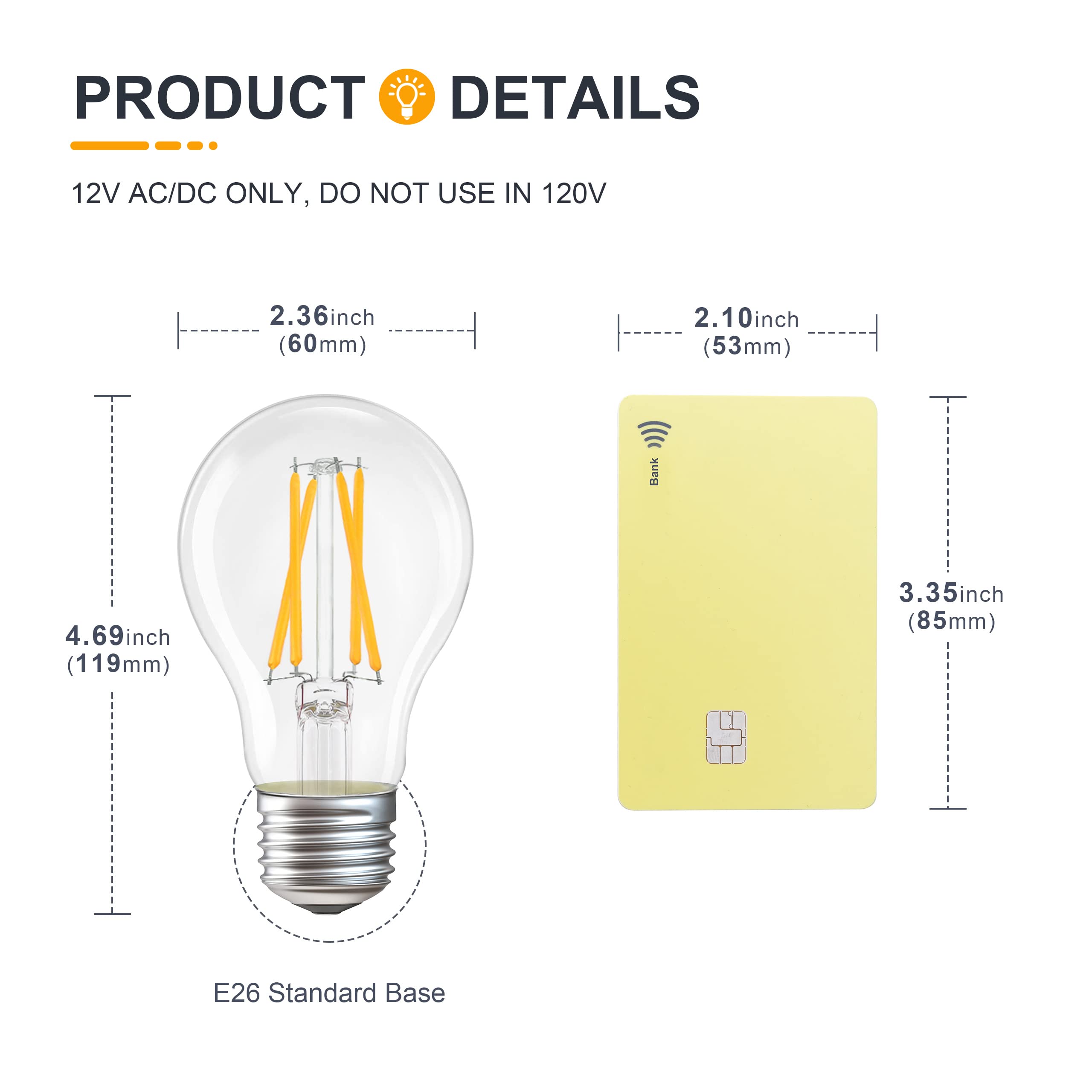 TOKCON 12V Low Voltage LED Light Bulbs - Soft Warm 2700K 4W E26 Edison Base 40W Equivalent - 12 Volt DC/AC A19 Bulb for RV Ceiling - 2 Pack