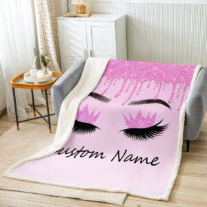 Eyelash Blanket Twin for Girls Women Kids Customize Name Throw Blanket 30”x40”,Luxury Bling Light Purple Glitter Sparkle Eyelashes Makeup Girly Fleece Blanket Cute Princess Style Bedroom Decor Gifts