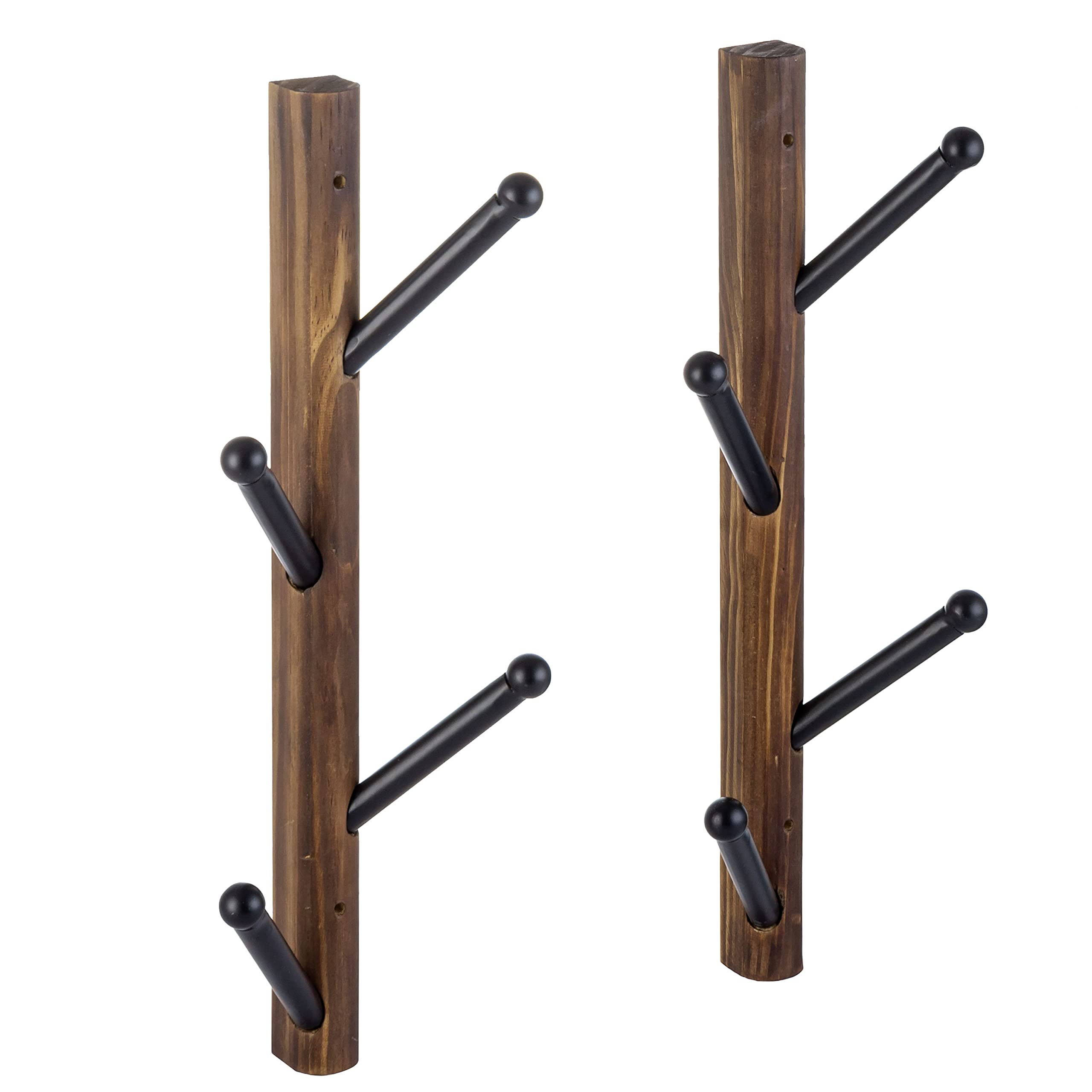 MyGift Rustic Wood and Black Metal Coat Rack, Vertical Wall Mounted Hat Hanging Coat Tree Hook Rack, Set of 2