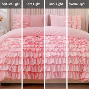 Holawakaka Pink Waterfall Ruffle Comforter Set Twin Size Multi-Layers Ruffled Shabby Chic 3PCS Bedding Set for Girls Women