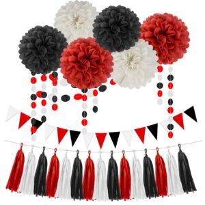 white red black party decorations - 23pcs tissue paper flowers pom poms tassel garland pennant banner flags streamers birthday wedding graduation bachelorette classroom office hanging decor