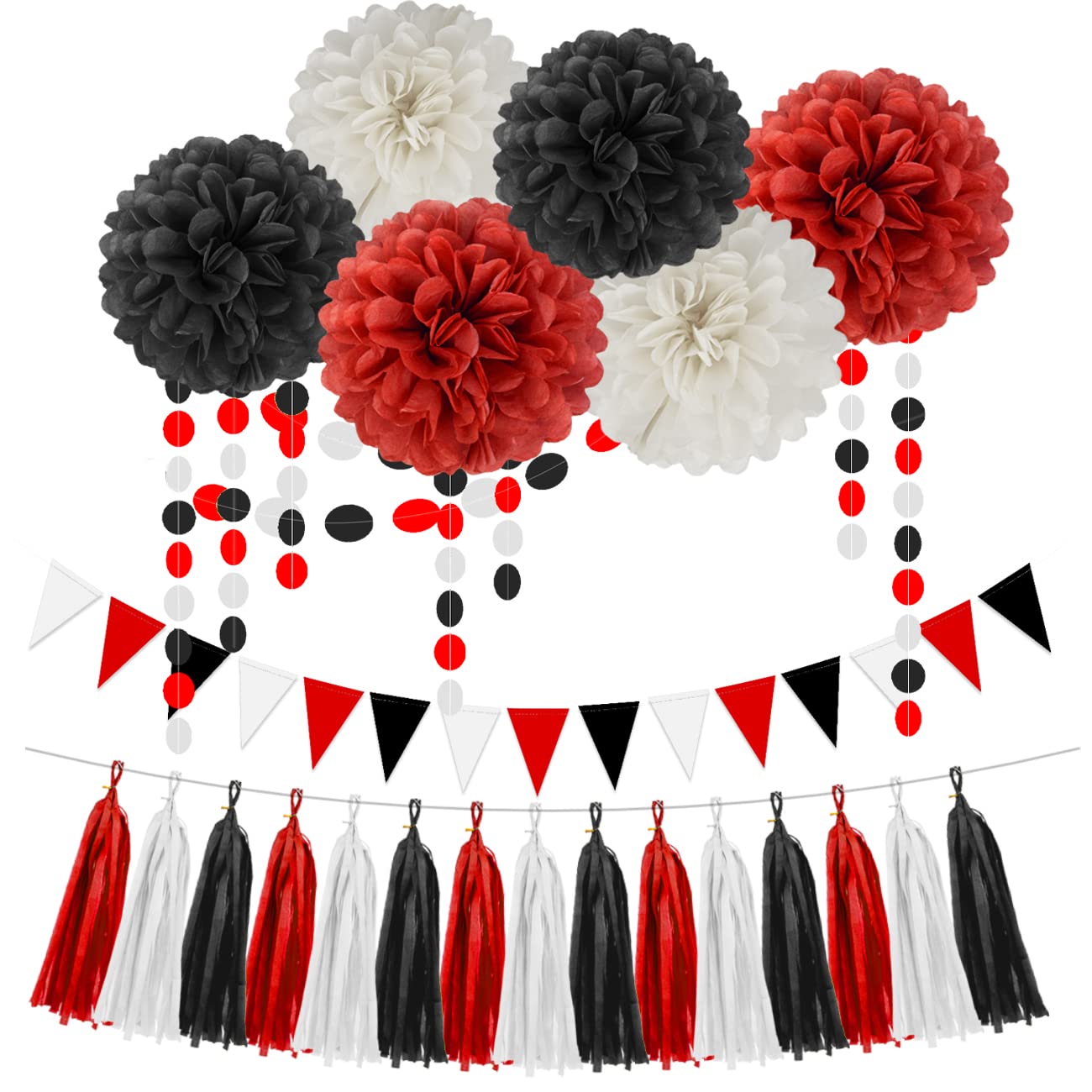 White Red Black Party Decorations - 23pcs Tissue Paper Flowers Pom Poms Tassel Garland Pennant Banner Flags Streamers Birthday Wedding Graduation Bachelorette Classroom Office Hanging Decor