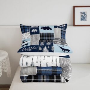 Hunting Bear Deer Quilt,Christmas Buffalo Plaid Comforter Set Twin Size Rustic Cabin Patchwork Bedding Set For Kids Boys Teens Adult,Farmhouse Cowboy Woodland Down Comforter,1 Pillow Case,Blue Grey