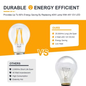 TOKCON 12V Low Voltage LED Light Bulbs - Soft Warm 2700K 4W E26 Edison Base 40W Equivalent - 12 Volt DC/AC A19 Bulb for RV Ceiling - 2 Pack