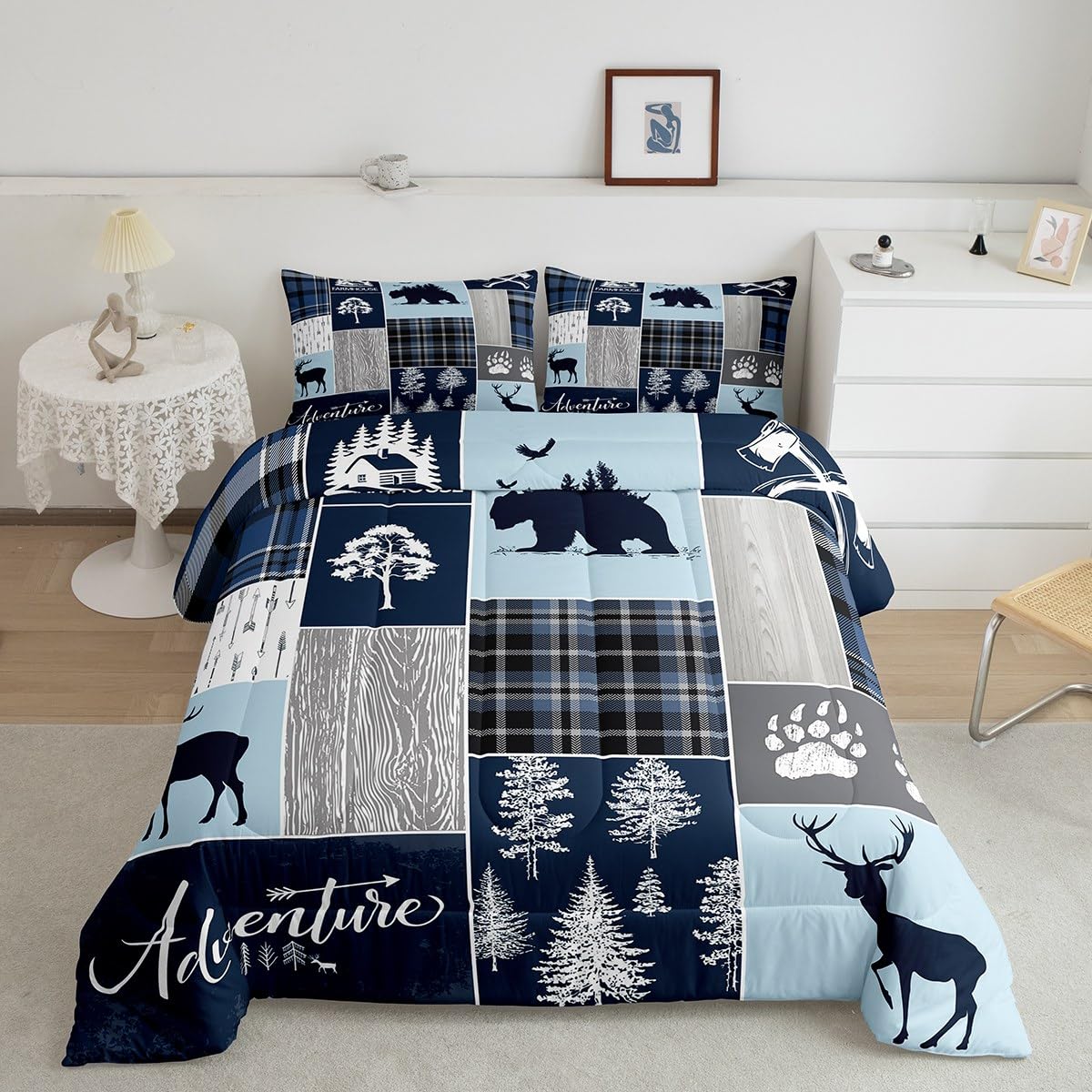 Hunting Bear Deer Quilt,Christmas Buffalo Plaid Comforter Set Twin Size Rustic Cabin Patchwork Bedding Set For Kids Boys Teens Adult,Farmhouse Cowboy Woodland Down Comforter,1 Pillow Case,Blue Grey